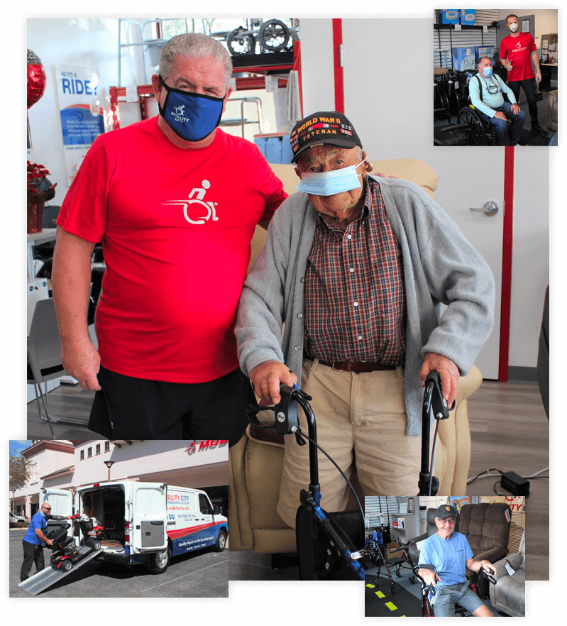 A collage of Mobility City employees and satisfied customers